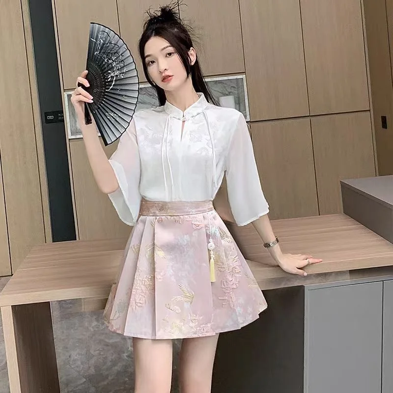 Zomer Chinese Hanfu Paardengezicht Rok Set Jacquard Wit Shirt TopTraditionele Damesoutfits Hoge Taille Internet Rood Uniform