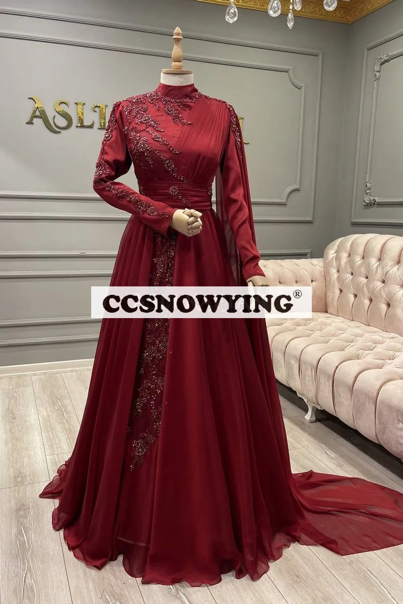 Bungundy Chiffon Appliques Muslim Evening Dresses Long Sleeve Islamic Formal Party Gown Hijab Arabic Kaftan Robe De Soiree