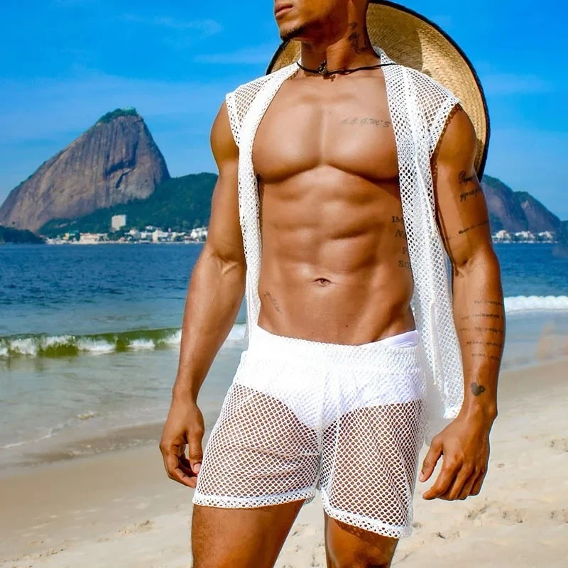 

Spring And Summer Men's Casual Fishing Net Hollow Sexy Sleeveless Vest Loose Shorts Perspective Suit