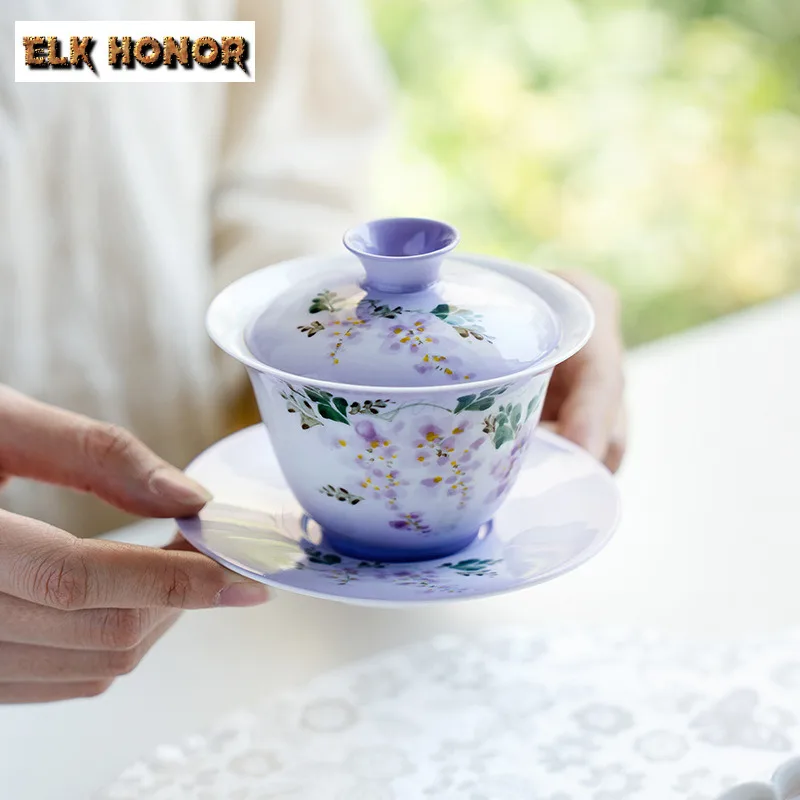 

120ml Hand Painted Wisteria Flower Gaiwan Creative Tea Tureen Tea Bowl With Lid Kit Tea Making Cover Bowl Tea Ceremony Ornaments
