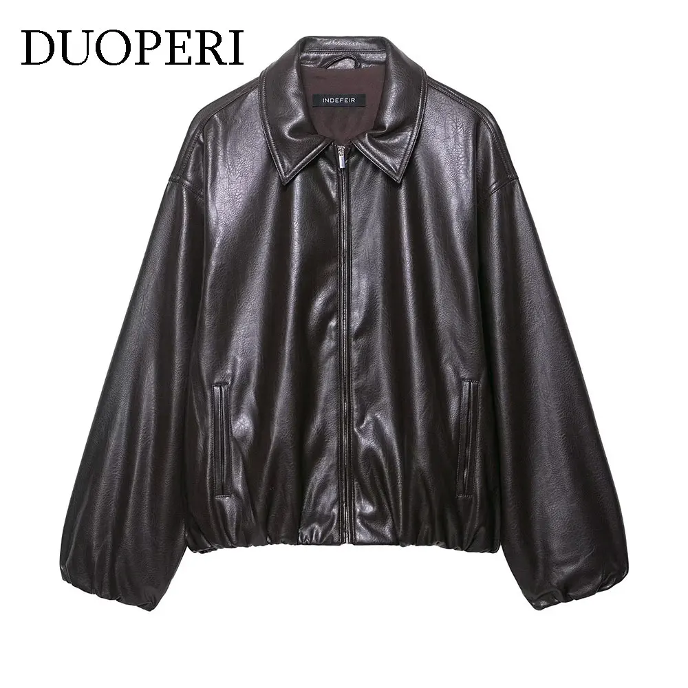 سترات نسائية من DUOPERI باللون البني من مادة البولي يوريثان بسحاب أمامي كاجوال ورقبة على شكل طية صدر وأكمام طويلة ملابس نسائية أنيقة وأنيقة #1