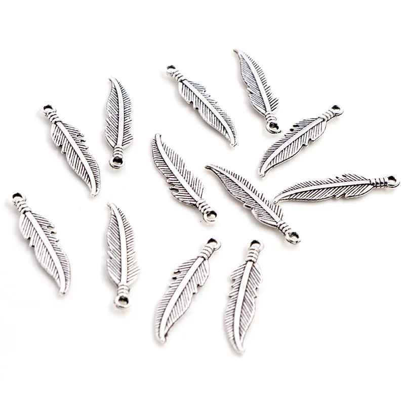 Charms Feather 20pcs 27x7mm Tibetan Bronze Antique Silver Color Pendants Antique Jewelry Making DIY Handmade Craft