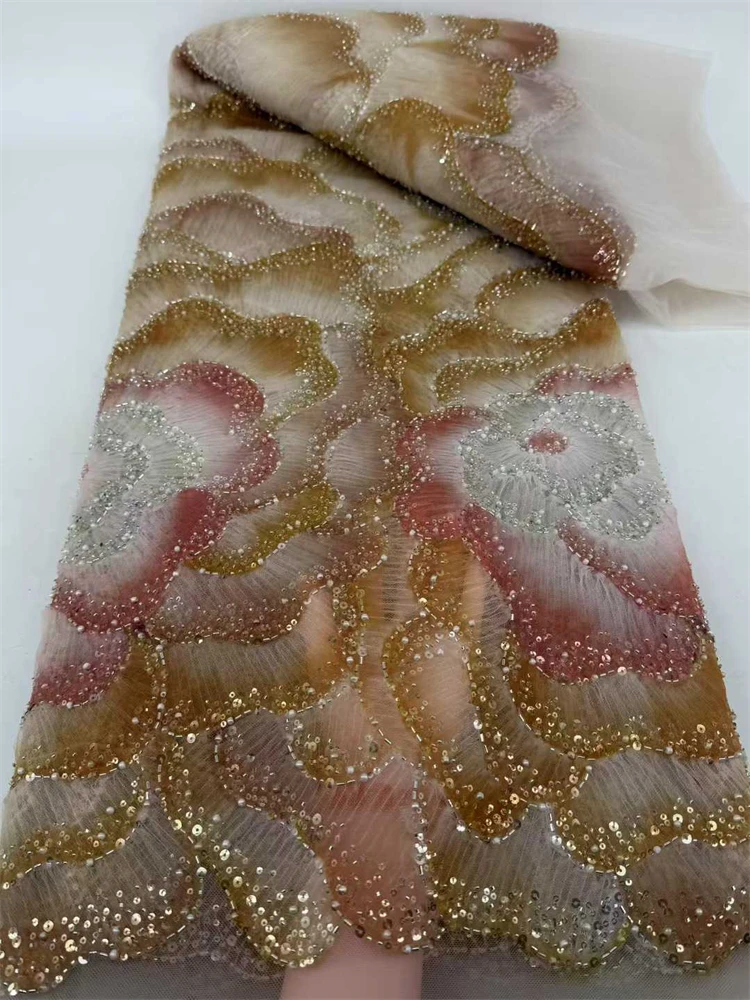 

African Handmade Beaded Lace Fabric 2025 France Sequins Nigerian Embroidery Bridal Mesh for Wedding Dress Sewing