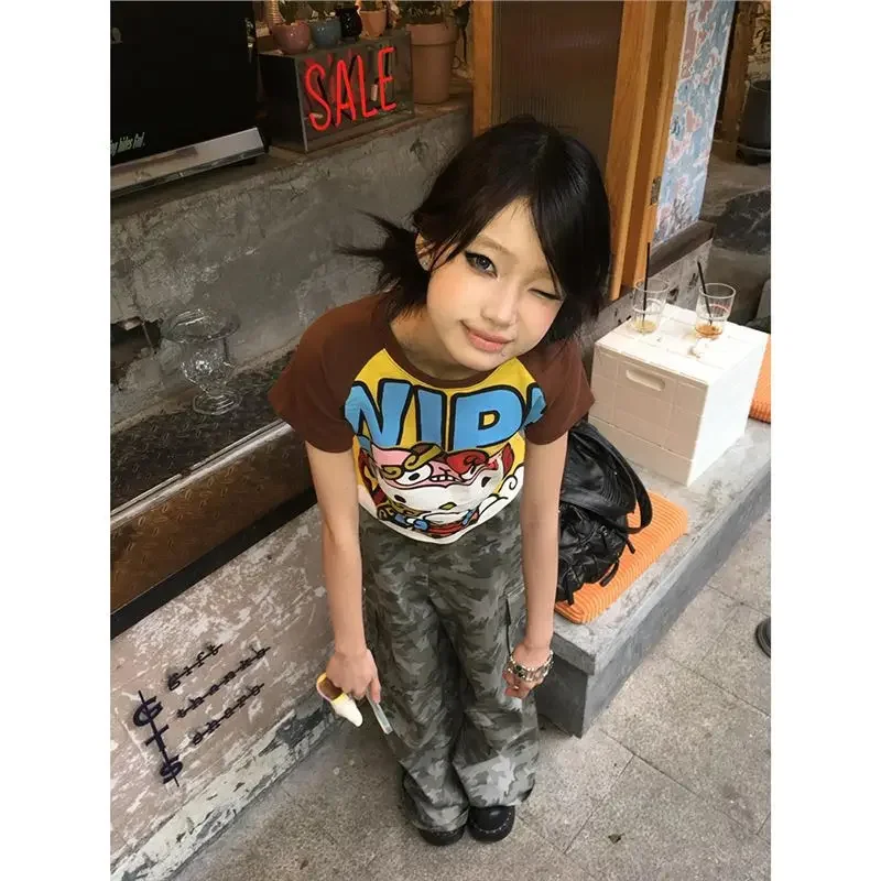 Sanrio 헬로 키티 새로운 애니메이션 패션 짧은 탑 Y2k 여름 귀여운 티셔츠 만화 프린트 하이 스트리트 고딕 반소매 티셔츠