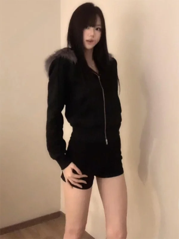 

Retro American Style Women's Long Sleeve Hoodie Casual Simple Matching Faux Fur Patchwork Top for Daily Wear Winter New Arrival