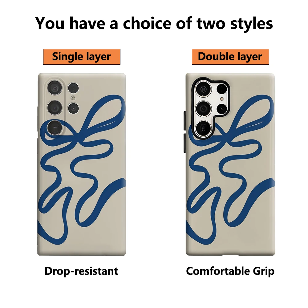 حافظة هاتف بفيونكة زرقاء كريمية لهاتف سامسونج جالاكسي S25 Ultra S24 S23 Ultra Plus غطاء خلفي لامع بطبقة مزدوجة