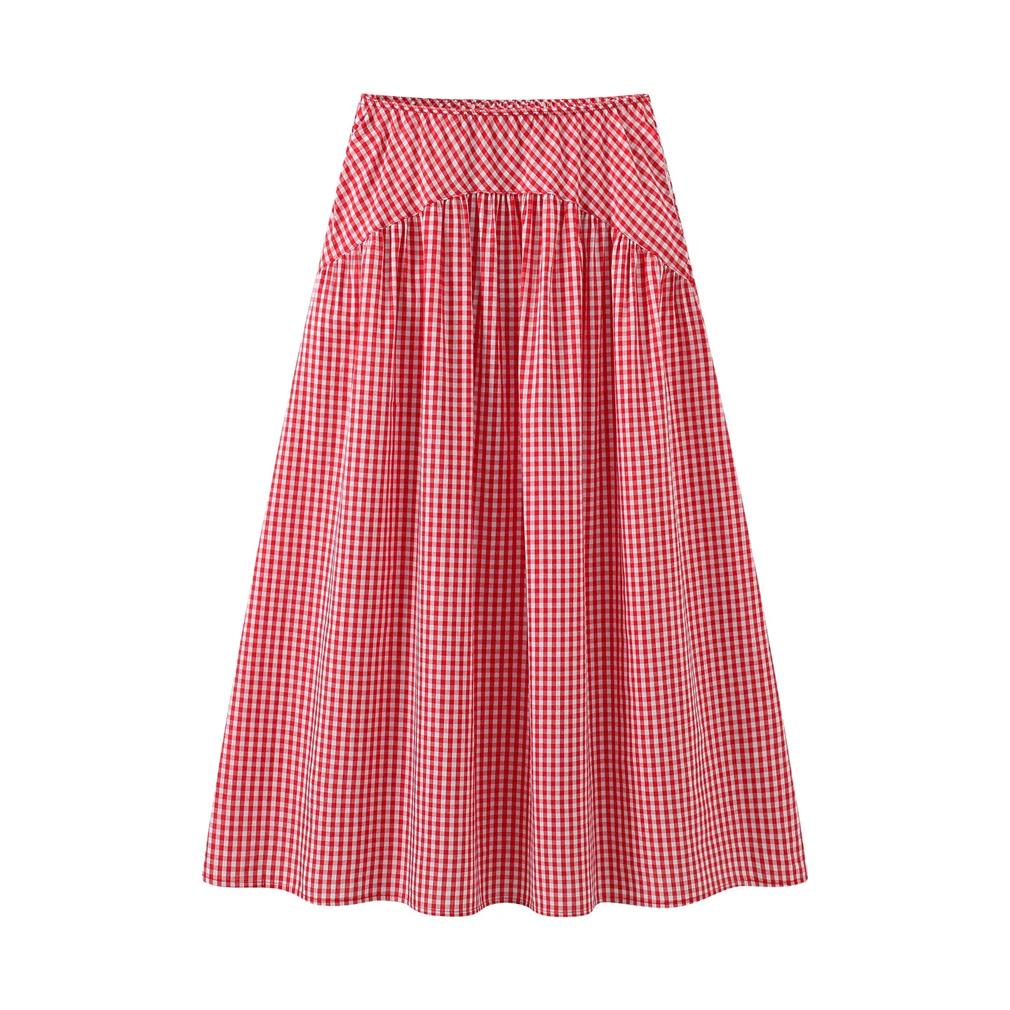 Maxdutti Color Blocking Plaid Midi Skirt 2026 Summer New Sweet And Stylish High Waisted Spliced Large Swing Long Skirt