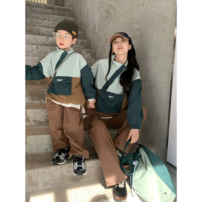

Parent-Child Outfit Korean Style Mother and Son Mother Daughter Clothing Autumn New Color-Block Jacket Unique Patch Outdoor Wear