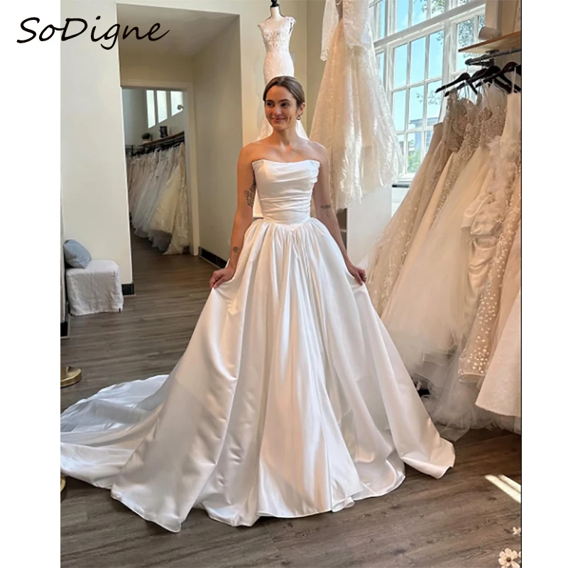 

SoDigne A-line Satin Simple Wedding Dresses Strapless Sleeveless Bridal Dress Long Wedding Gown Robe De Mairee ﻿Customized