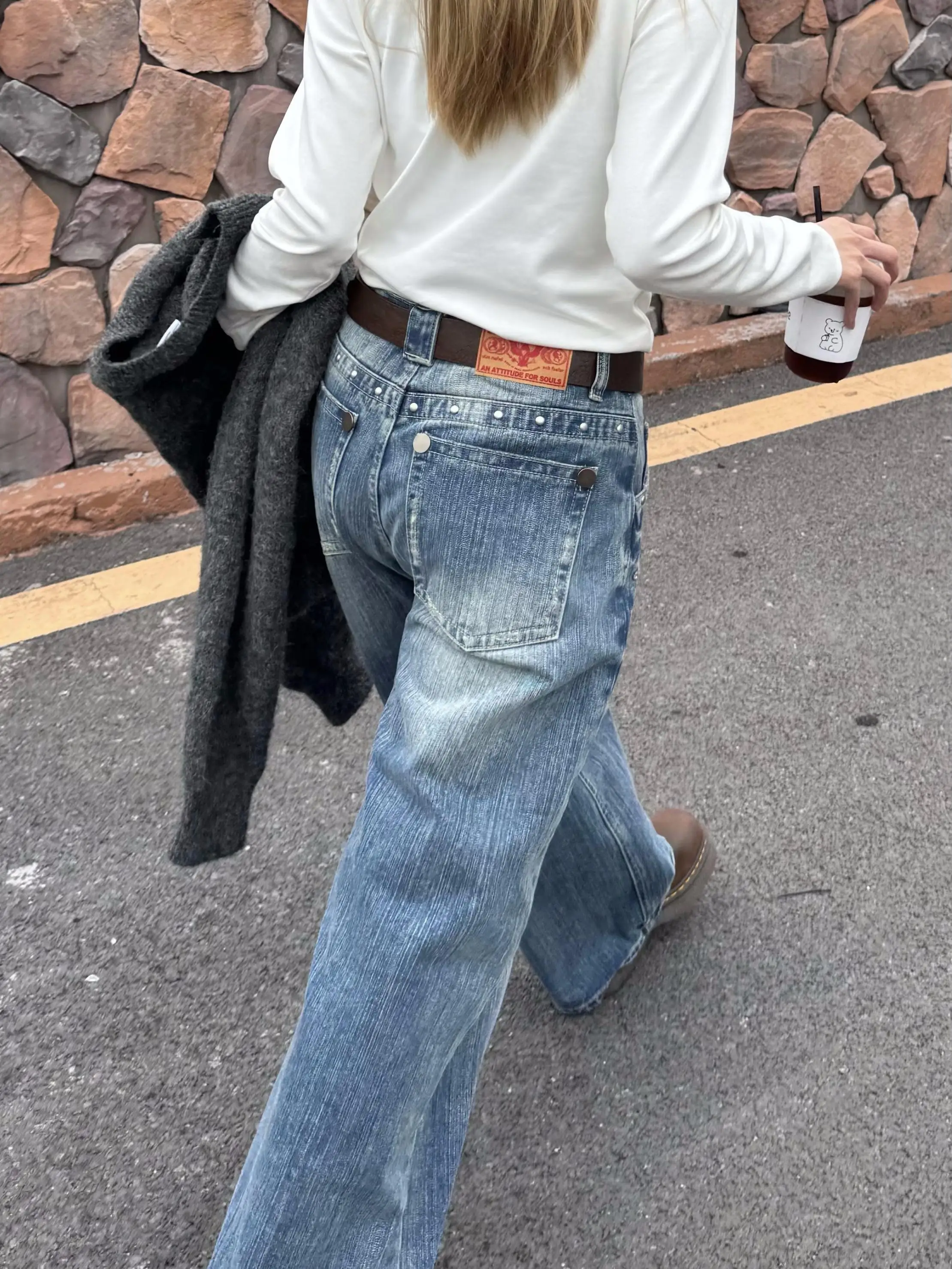 

XFX Американские джинсы с талией в стиле ретро, женские свободные прямые джинсовые брюки CleanFit, спортивные длинные брюки, повседневные l талии