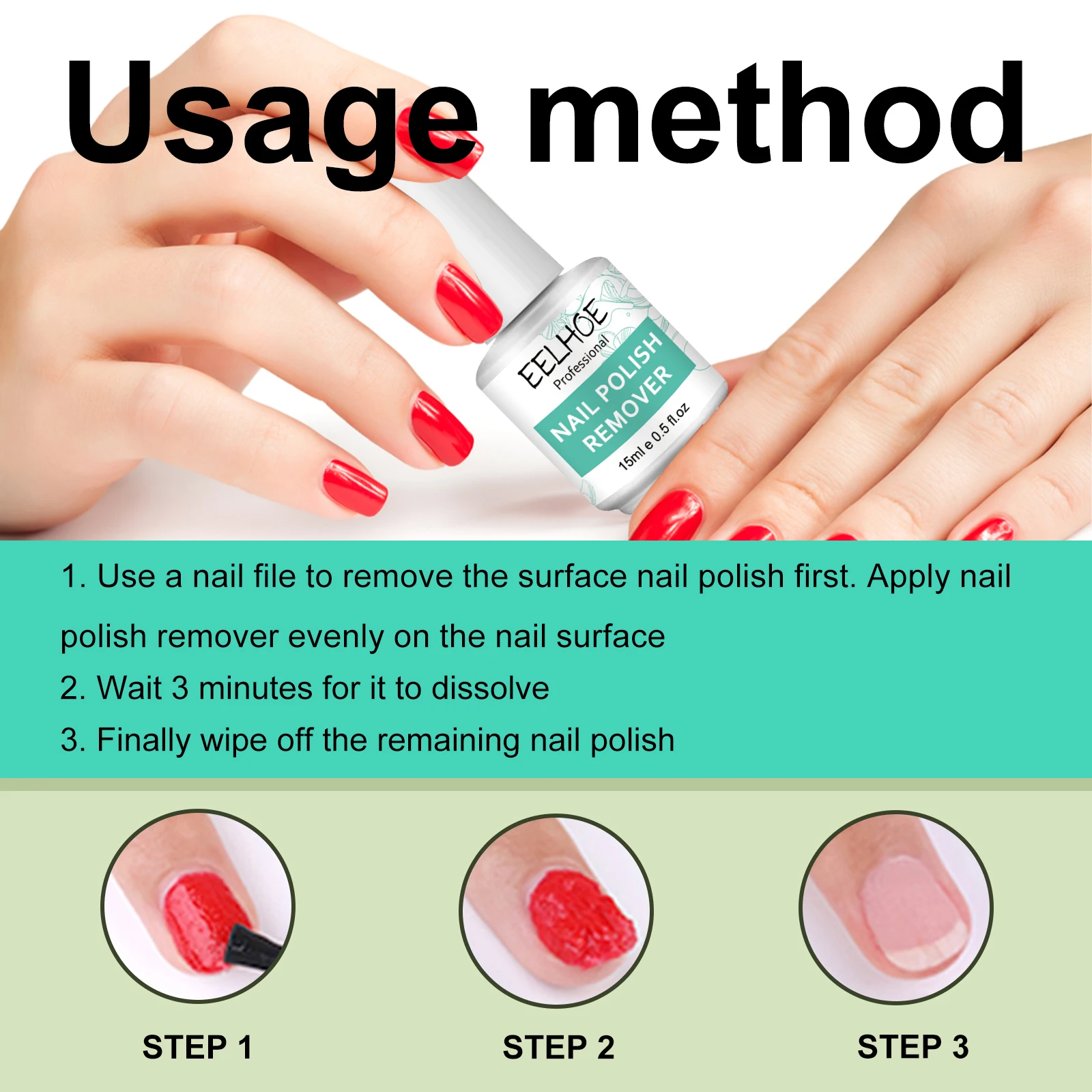 Eelhoe removedor de esmalte de unha 3 min rapidamente esmalte embeber-off sem necessidade de embrulho seguro não irritante reduzindo a secura essência de cuidados com as unhas