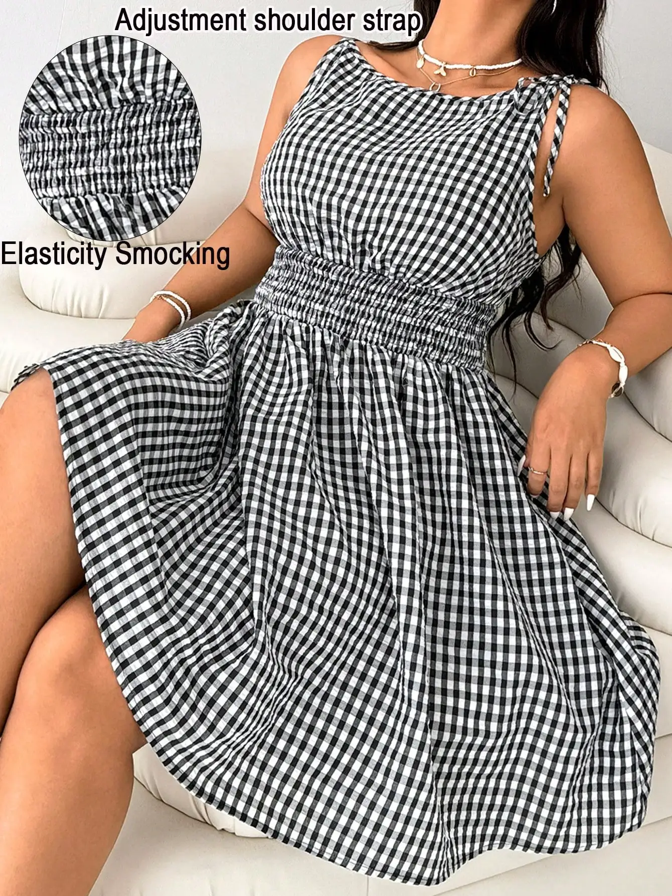 

Black & White Gingham Tie-Shoulder Shirred Waist Midi Dress