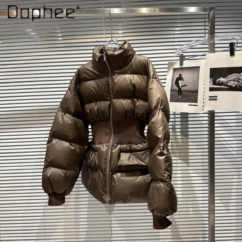 Winter New Trend Street Stand-up Collar Elastic Waist Thickened Warm Down Jacket Solid Color Fashion Versatile Slim Coat Women