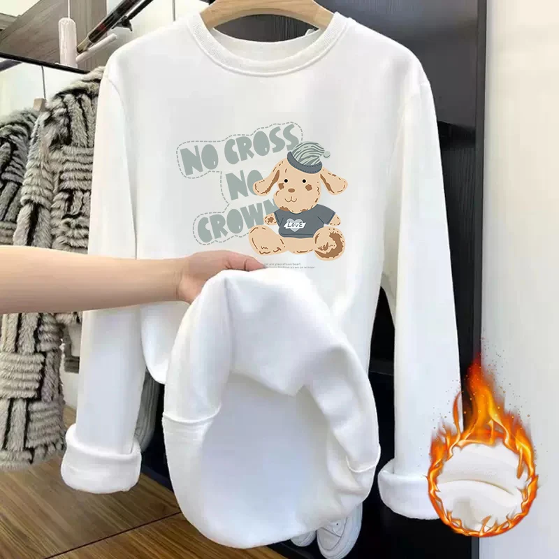 Women's White Fleece Lined Long Sleeve Base Layer Shirt mid Length T-Shirt for Autumn Winter plus Size Cover Butt Top