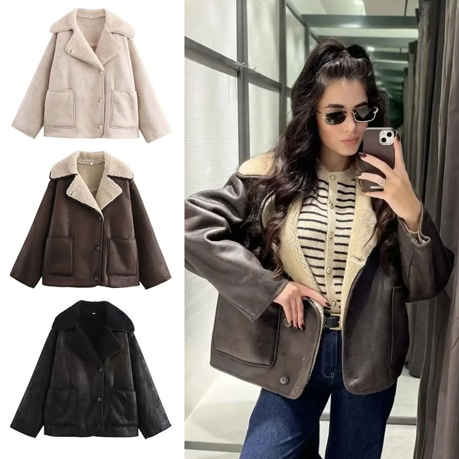 

HH 2025 женские осенние модные пальто из искусственной кожи, повседневные однотонные однобортные куртки с длинными рукавами и лацканами, карманы, уличные куртки в стиле ретро