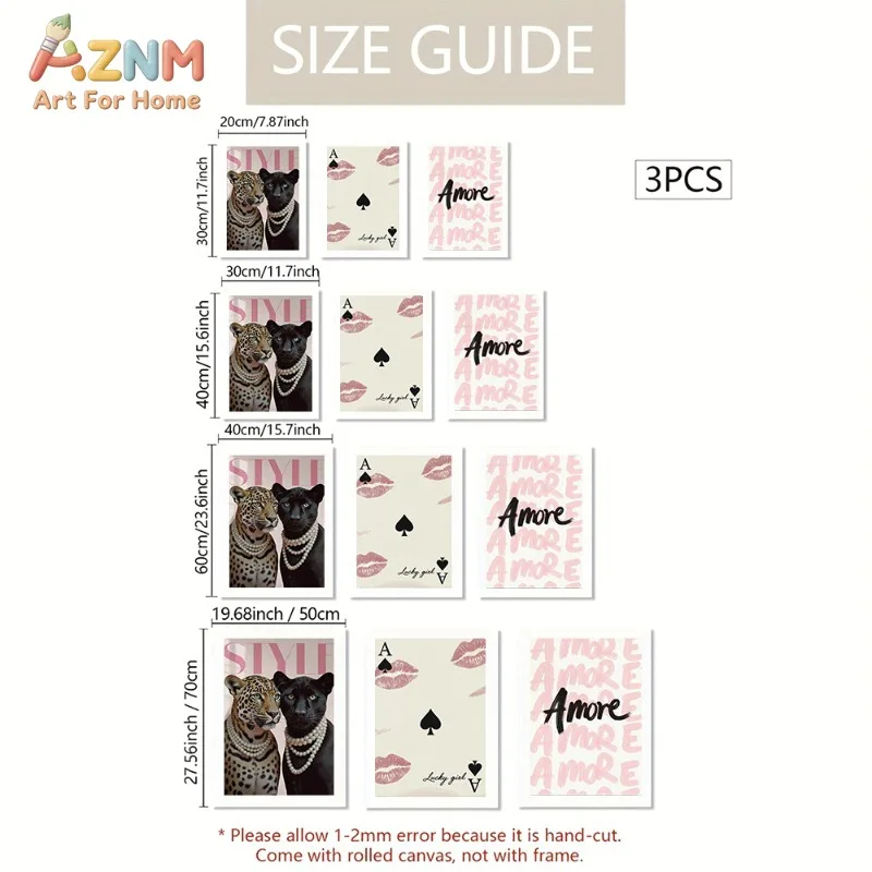 Unframed 3PCS Pink Panther Leopard Poker Lips Amore Canvas Wall Art Lucky Girl Trendy Animal Print Poster Home Living Room