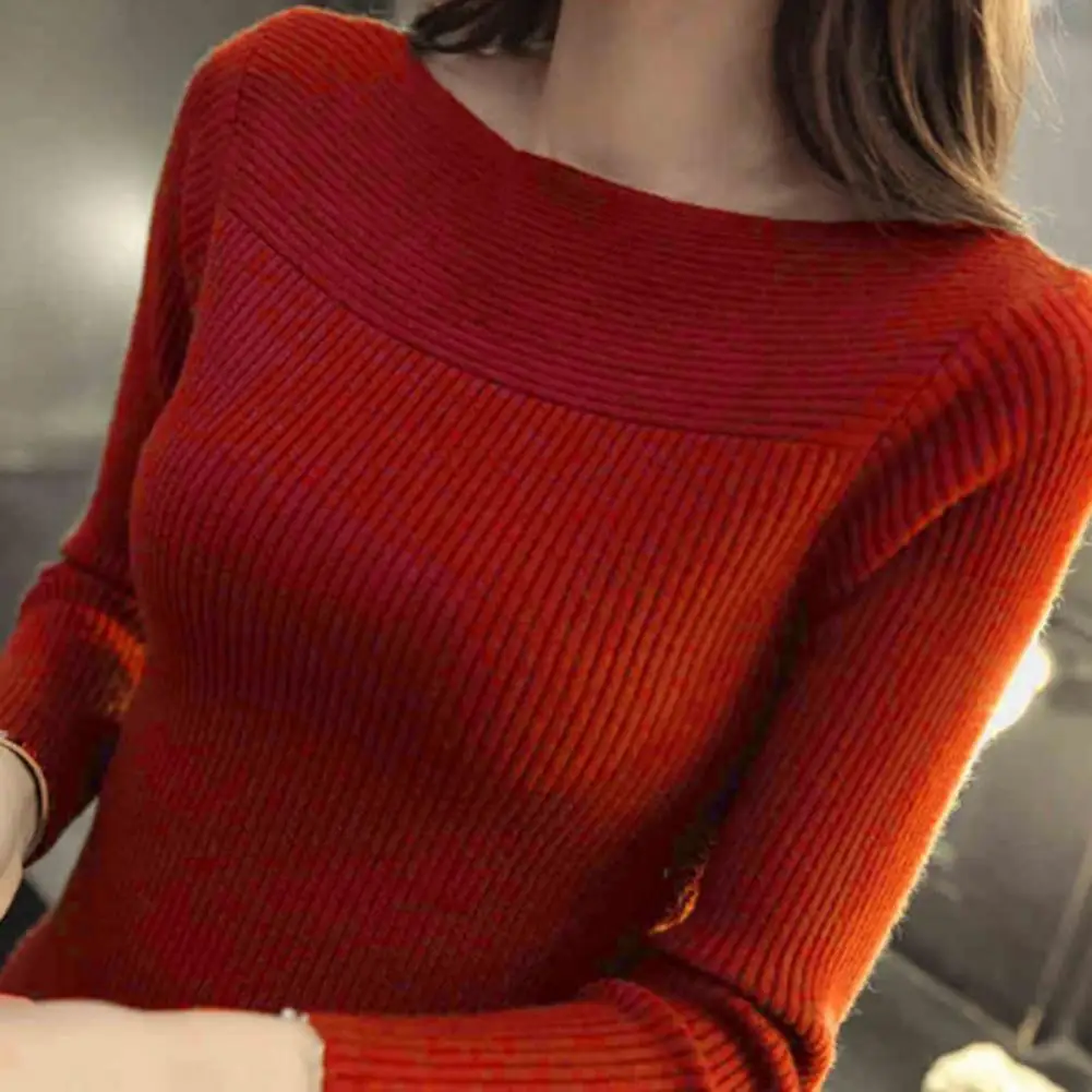 Women Knitting Tops Bateau Collar Long Sleeve Slim Fit Sweater Casual Knit Pullover Tops Solid Color Stretchy Bottoming Tops