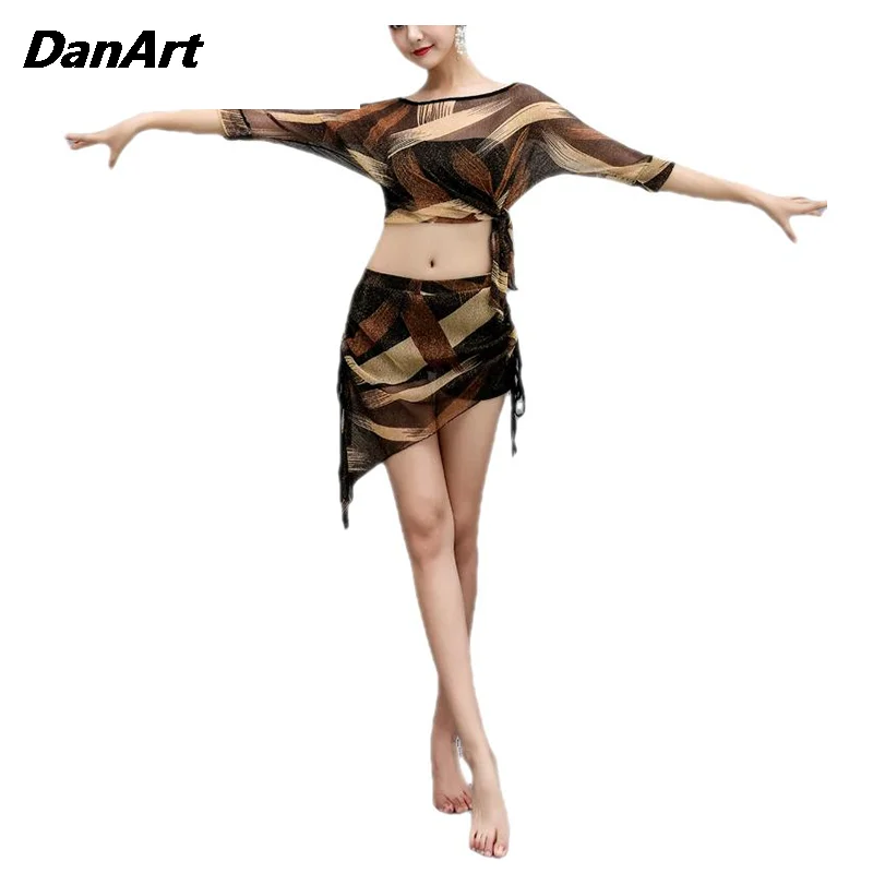 Women Belly Dance Outfit Adult Mesh Practice Training Suit Dress Ladies Oriental Dancer Costume Set Big Sized Short Skirt