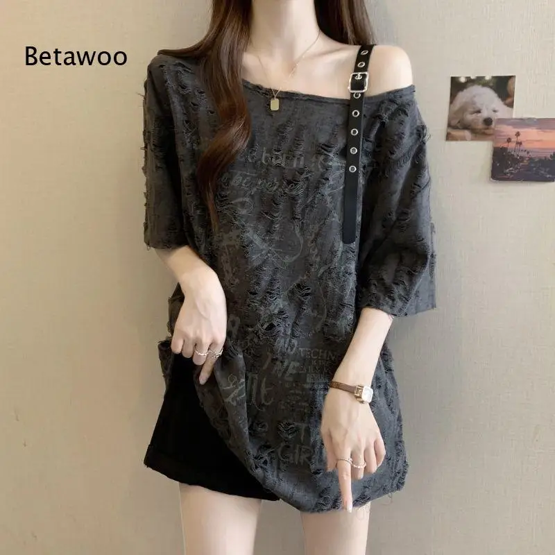 Women Distressed Fringe Textured Off Shoulder T Shirt Letter Print Half Sleeve Loose Slouchy Casual Tee Top for Daily