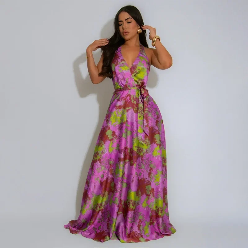 

GUWU Summer Printed Women Halter V-neck Backless Wide Leg Long Dress Evening Sexy Night Party Maxi Dresses Vestidos