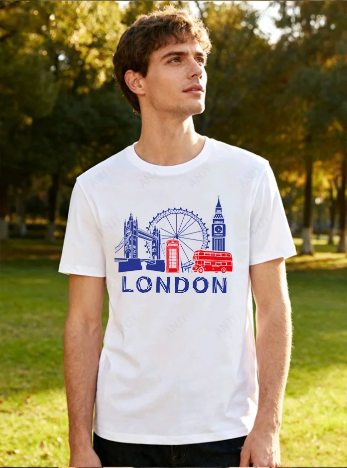 London Tower Bridge Ferris Wheel Pattern T-shirt City Landscape Travel Versatile Round Neck Short Sleeve Shirt