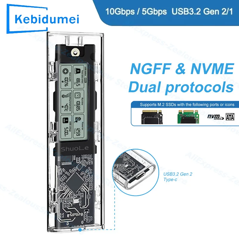 M2 SSD 케이스 NVME SATA SSD 외장 케이스 10Gbps M.2 to USB 3.2 Gen2 지능형 디지털 디스플레이 외장 M.2 SSD 어댑터 도구 불필요