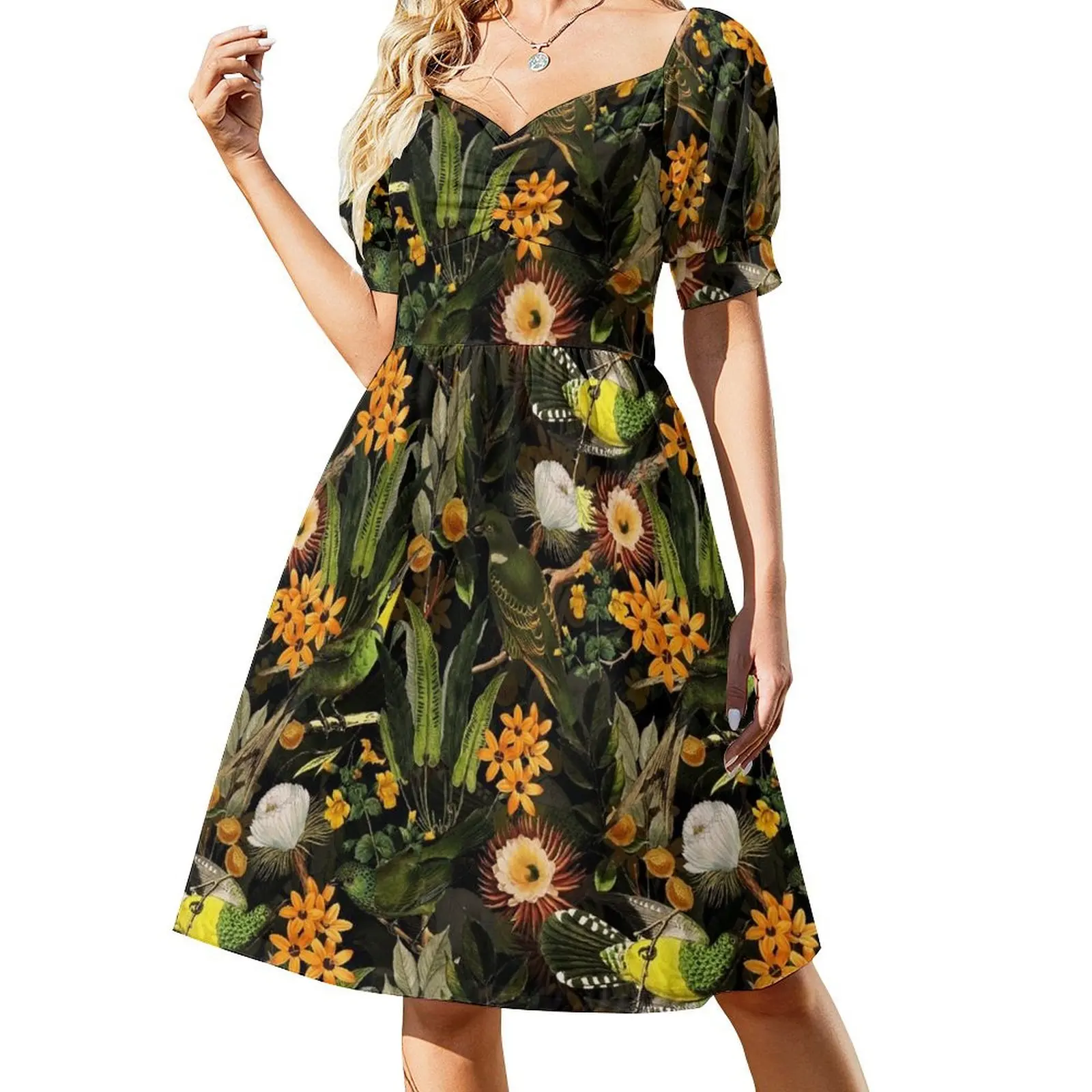 

Birds In Tropical Flower Garden - black Short Sleeved Dress beach dresses dress summer long sleeve dresses Dress