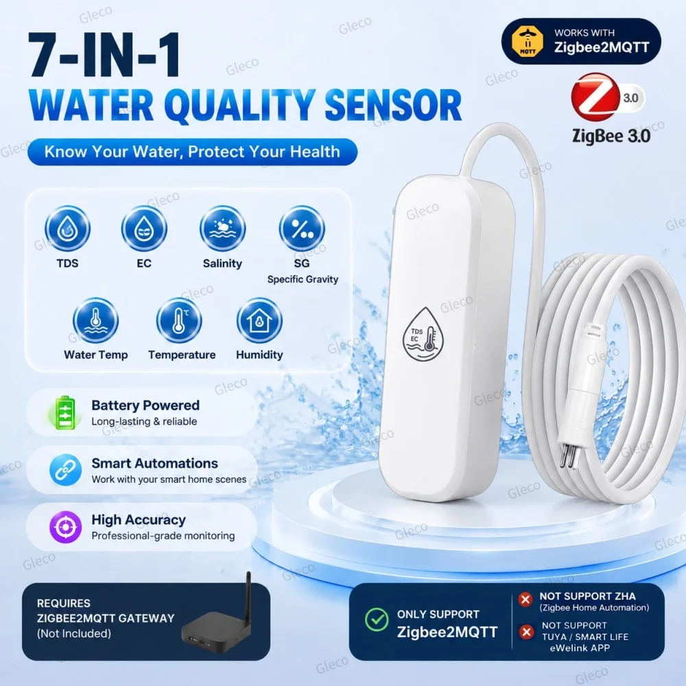 Zigbee 7-in-1 Wasserqualitätssensor TDS/EC/SG/Temp Salinitätsmessgerät Wasserqualitätsmonitor MQTT für Aquarien und Trinkwassertests