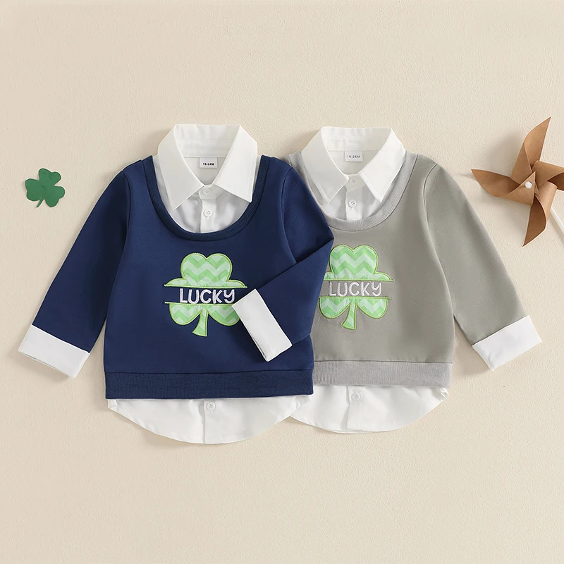 Fashion Kids Baby Boys Spring Fake Two-piece Tops Long Sleeve Lapel Letter Clover Embroidery Button Up Shirt