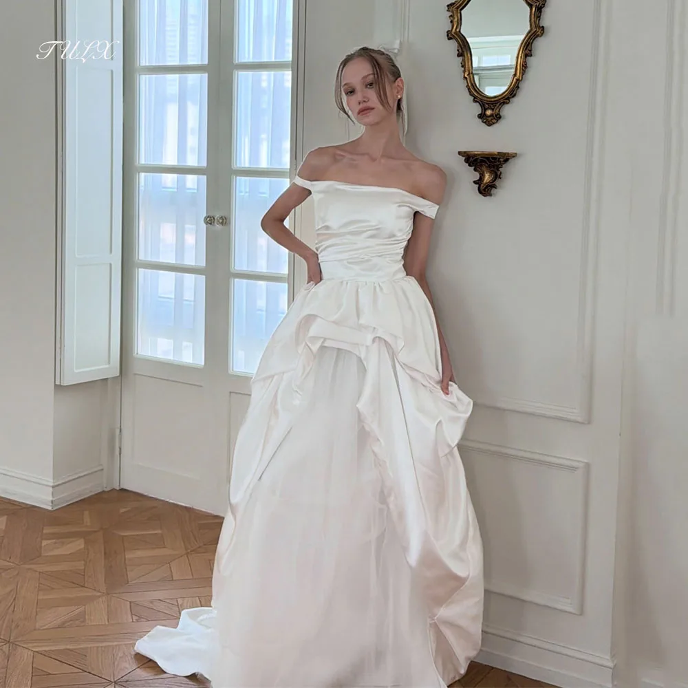 TULX Simple Ivory Satin Long Wedding Dresses Korea Photo Shoot Off the Shoulder A line Pleat Bridal Gown Corset Customized 웨딩드레스
