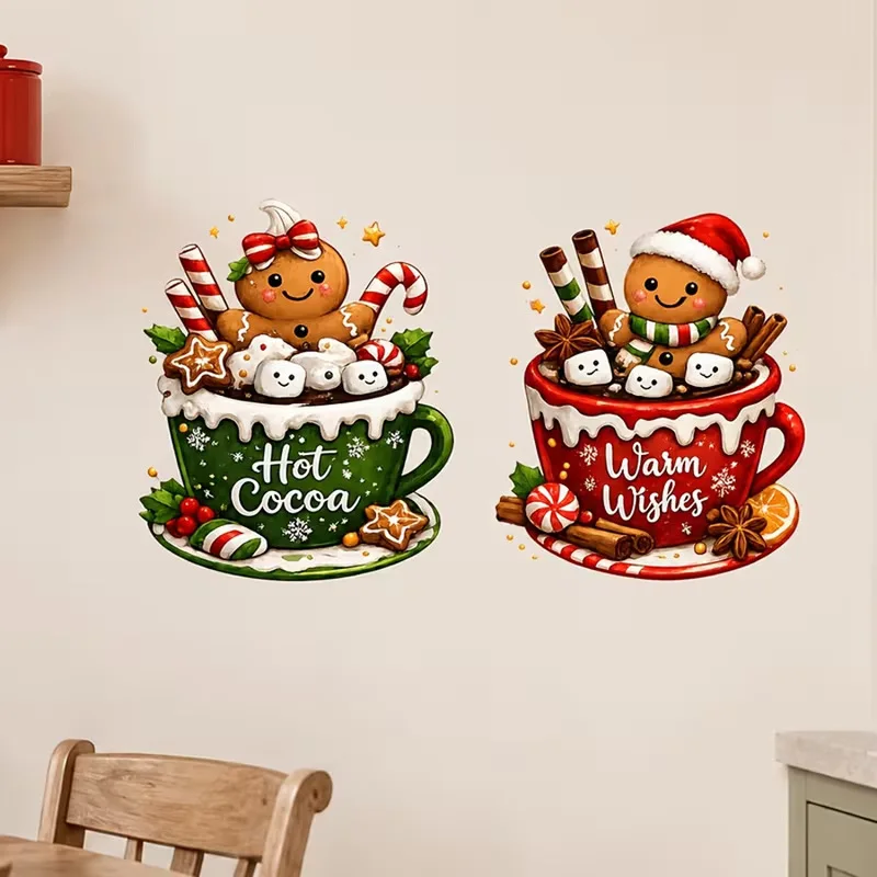 Christmas Gingerbread Man Hot Cocoa Cup Wall Sticker, Cute Cartoon Double Gingerbread Figure Holiday Decor Wall Decal