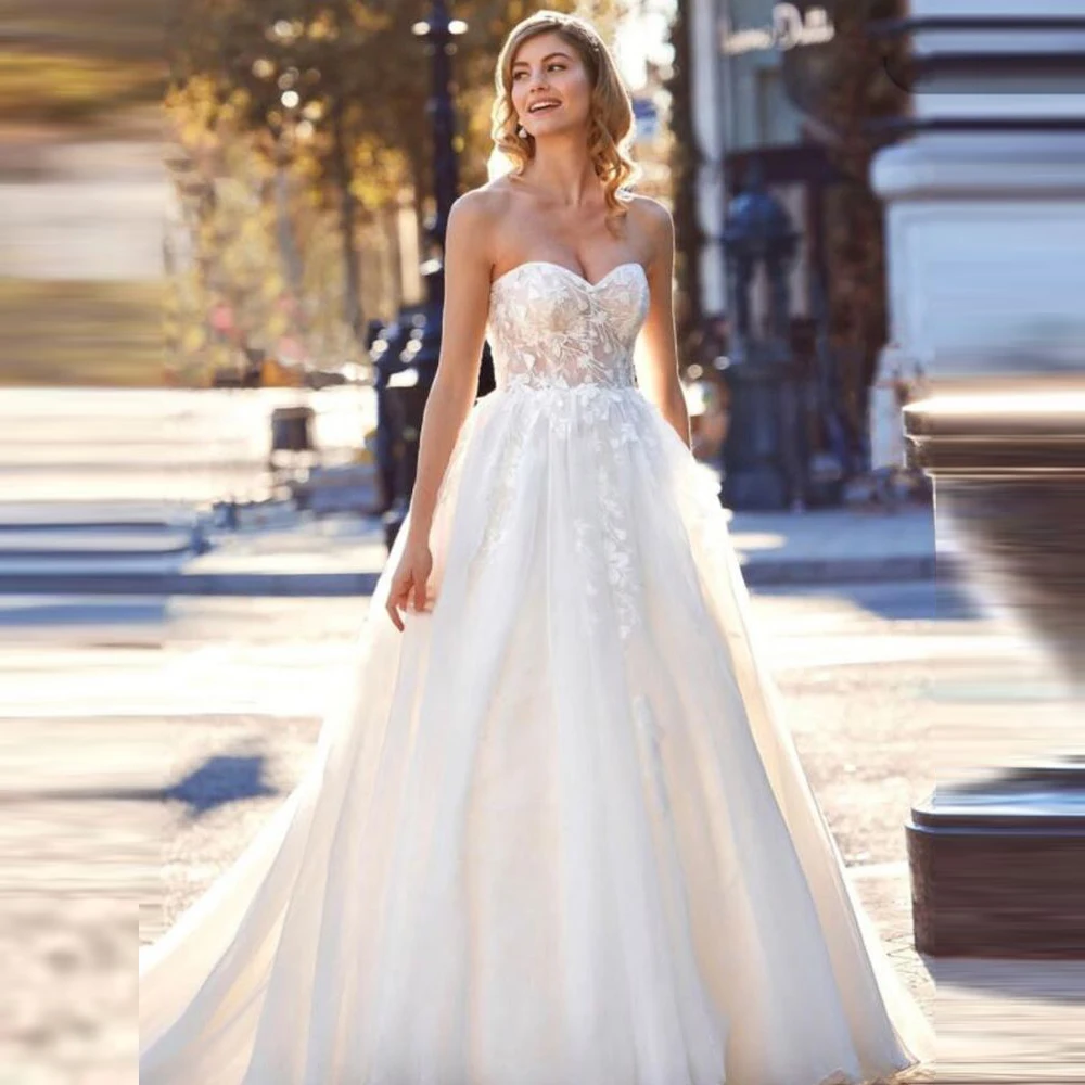 

Musetta Elegant Strapless Lace Appliques Wedding Dress For Bride 2023 Sweetheart Neck Backless Tulle Bridal Gown Robe De Mariée