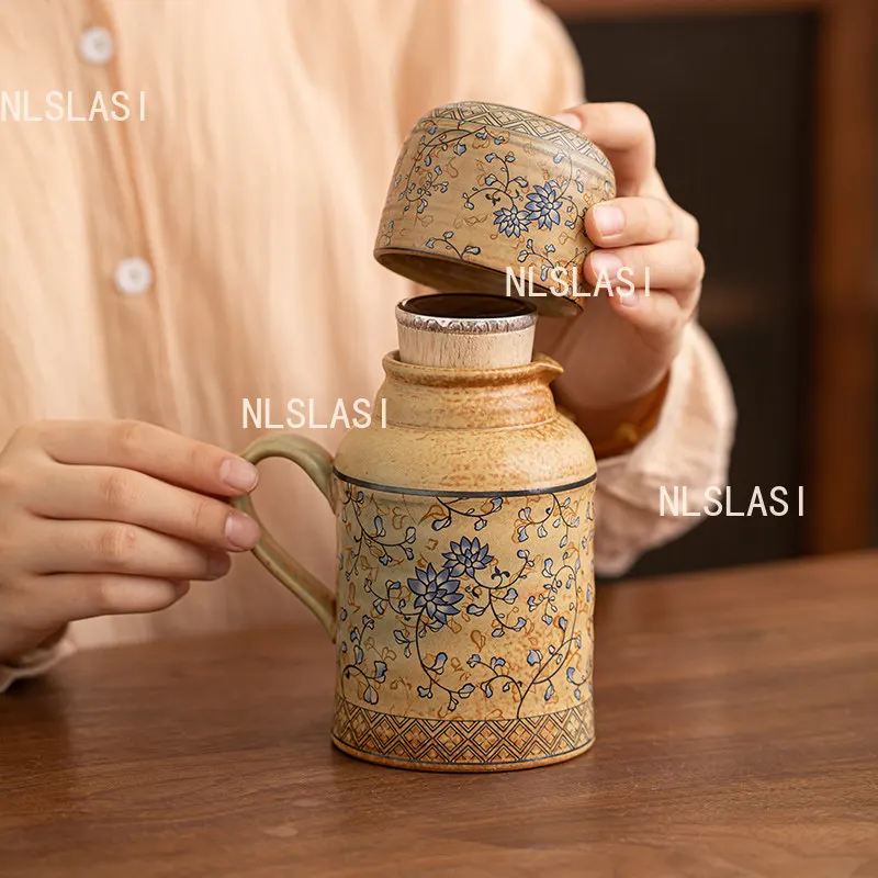 

Ceramic Small Thermos Chinese Household Tea Set Entangled Lotus Vintage Drinking Teapot Tea Ceremony Accessories Large Capacity