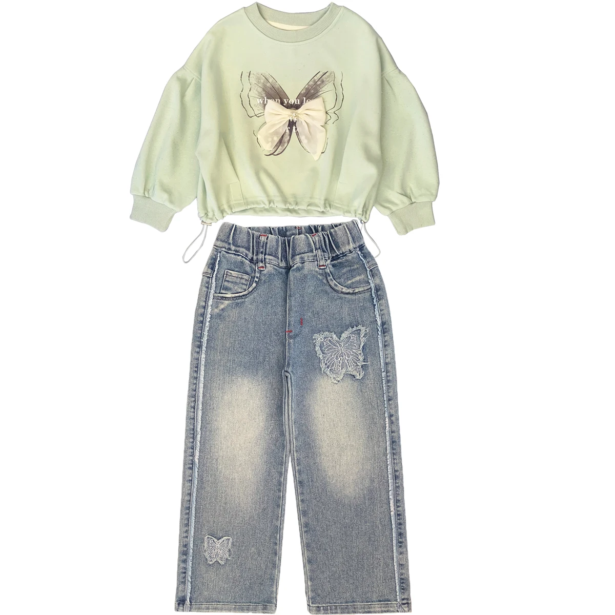 

5-10Years Girls Clothing Sets 2Pcs Butterfly T Shirt and Jeans Spring Autumn Clothing