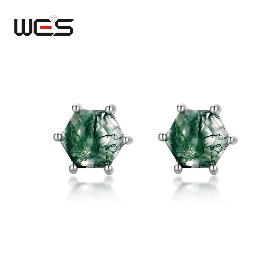 WES 925 Sterling Silver Natural Hexagon Moss Agate Stud Earrings for Woman Crystal Gemstone Engagement Ladies Gifts Fine Jewelry