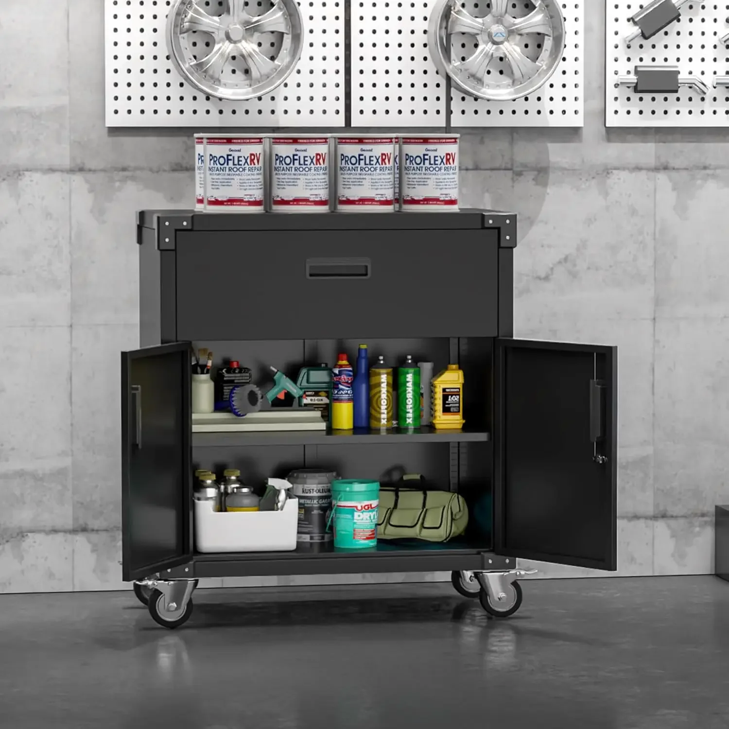 Garage Cabinet with Wheels,Mobile Storage Cabinet with 2 Doors & 1 Drawer, Steel Storage Cabinet for Garage, Home, Office,