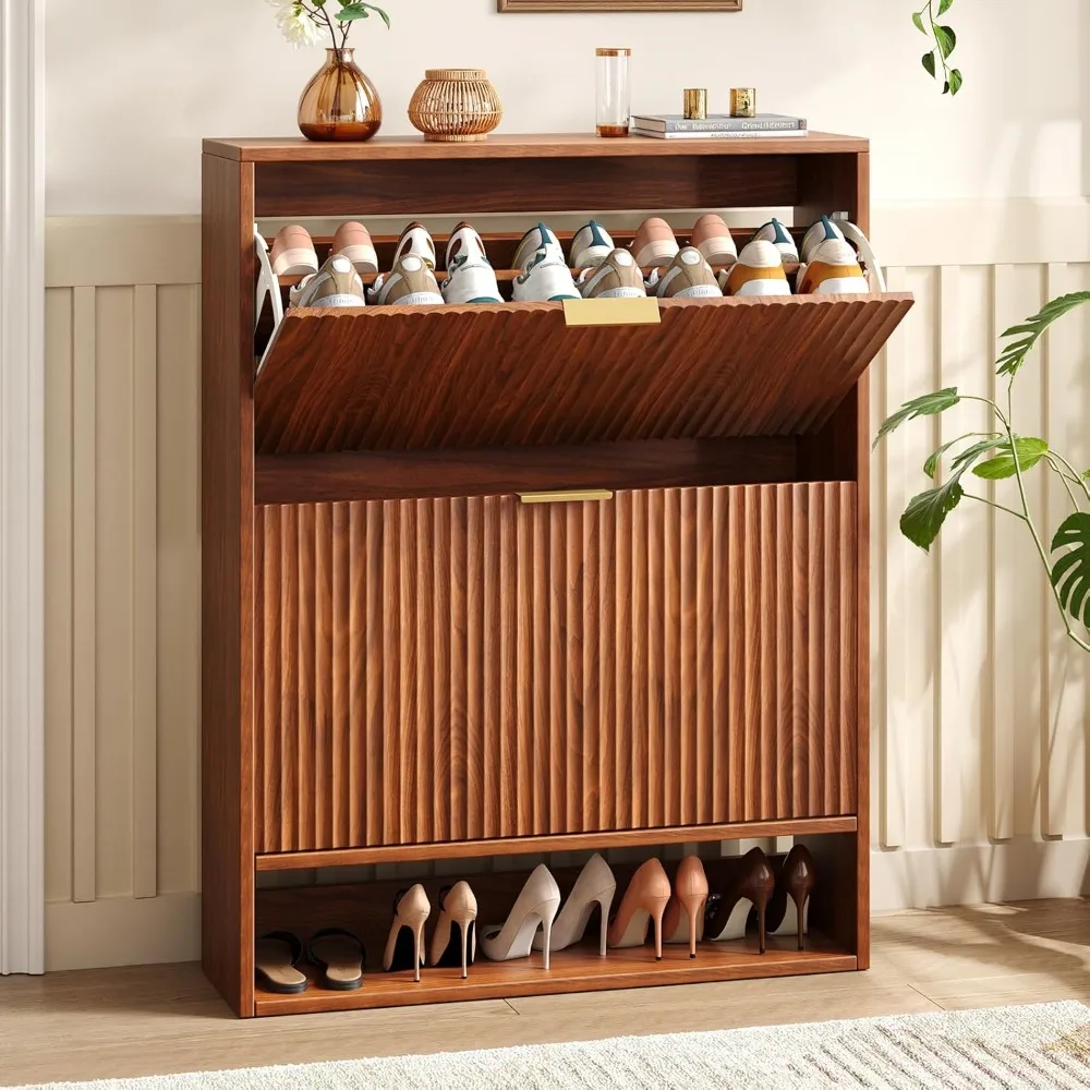 

Shoe Cabinets, Shoe Storage Cabinet Entryway 2 Flip Drawer, Fluted Slim Shoe Cabinet, Free Standing Wooden Shoes Organizer Foyer