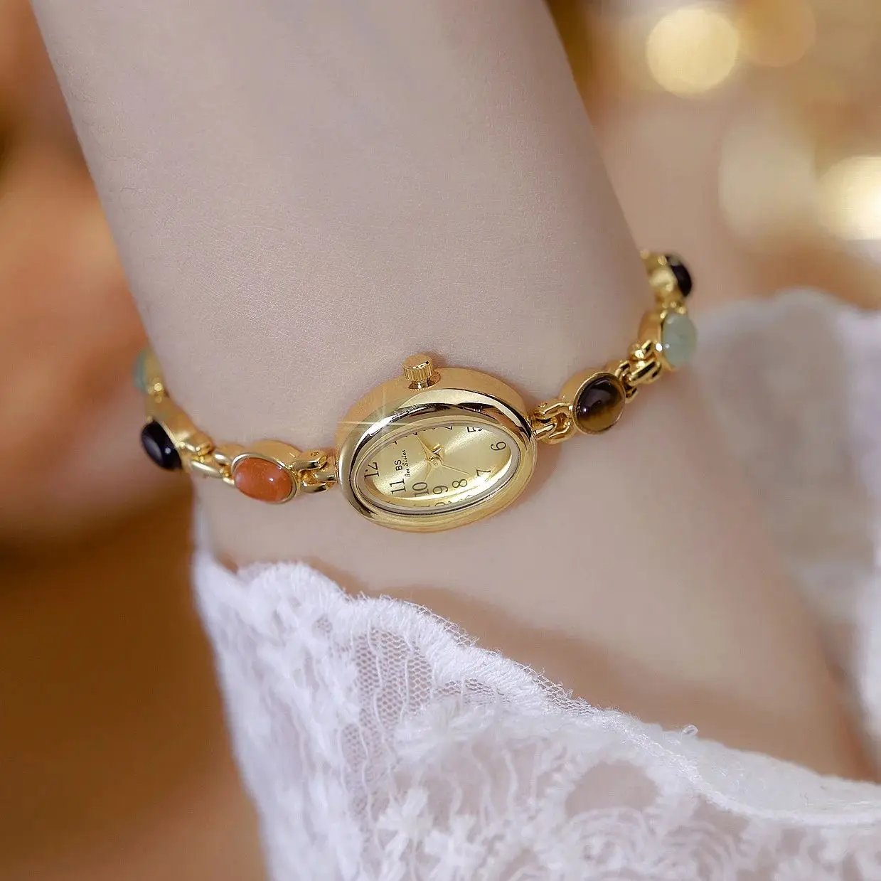 Vintage Oval Small Dial Women's Watches Natural Jade Multi Treasure Bracelet Light Luxury Casual Quartz Watch for Women