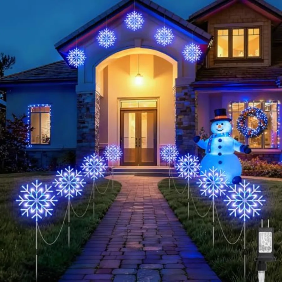 Large Snowflake Pathway Lights For Outdoor Yard Decoration, Metal And Plastic, Blue And White, 10-Pack With 8 Lighting Modes An
