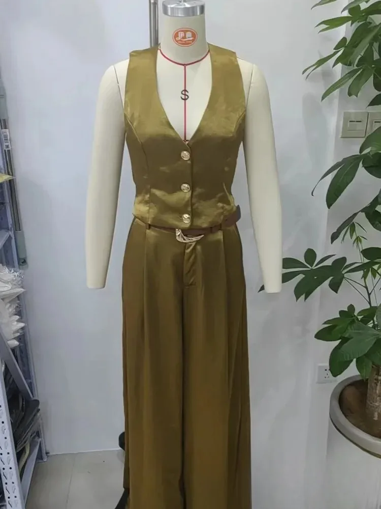 KONDALA عادية شيك الأصفر الساتان النساء الدعاوى الخامس الرقبة أزرار سترة عالية الخصر بنطال ذو قصة أرجل واسعة موضة 2025 الصيف عطلة الدعاوى