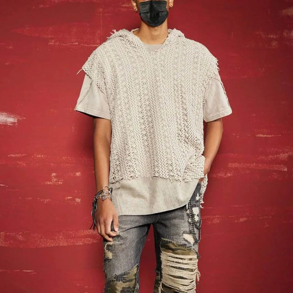 

Mens Autumn Vest Double-Layer Hollow Hooded Tank Top Streetwear Fashion Youth Irregular Sleeveless T-Shirt Men'S Clothing 2025