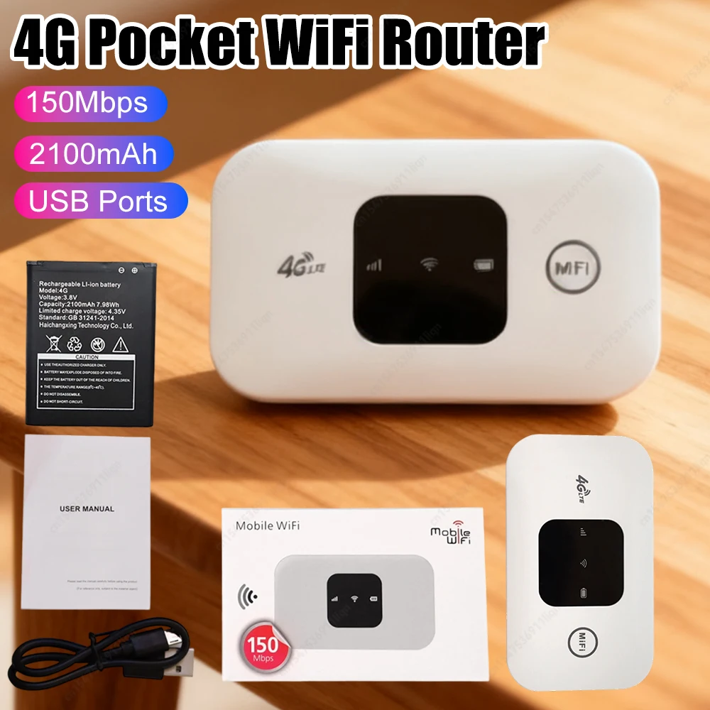 

4G Pocket LTE WiFi Router 2100mAh Portable Travel Mobile Hotspot with SIM Card Slot USB Port 150Mbps Wireless Router Wide Covera