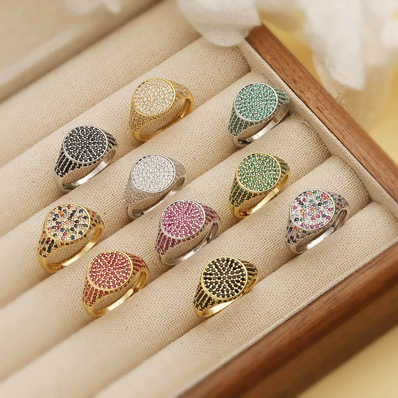 HECHENG,13×22MM Copper Electroplated 18K Gold Multi-colour Zirconia Ring Unisex Couple Adjustable Luxury Jewellery 1 Piece