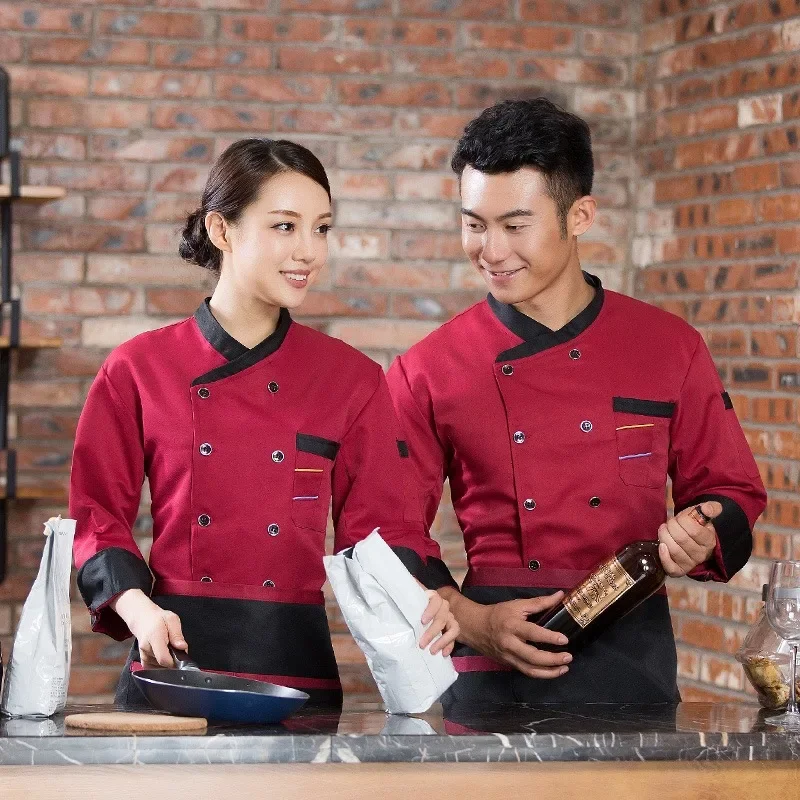 Veste de chef dominante respirante à manches longues pour hommes et femmes, salopette de personnel de cuisine chaude, manteau de cuisinier unisexe, travail de café, gril, 73