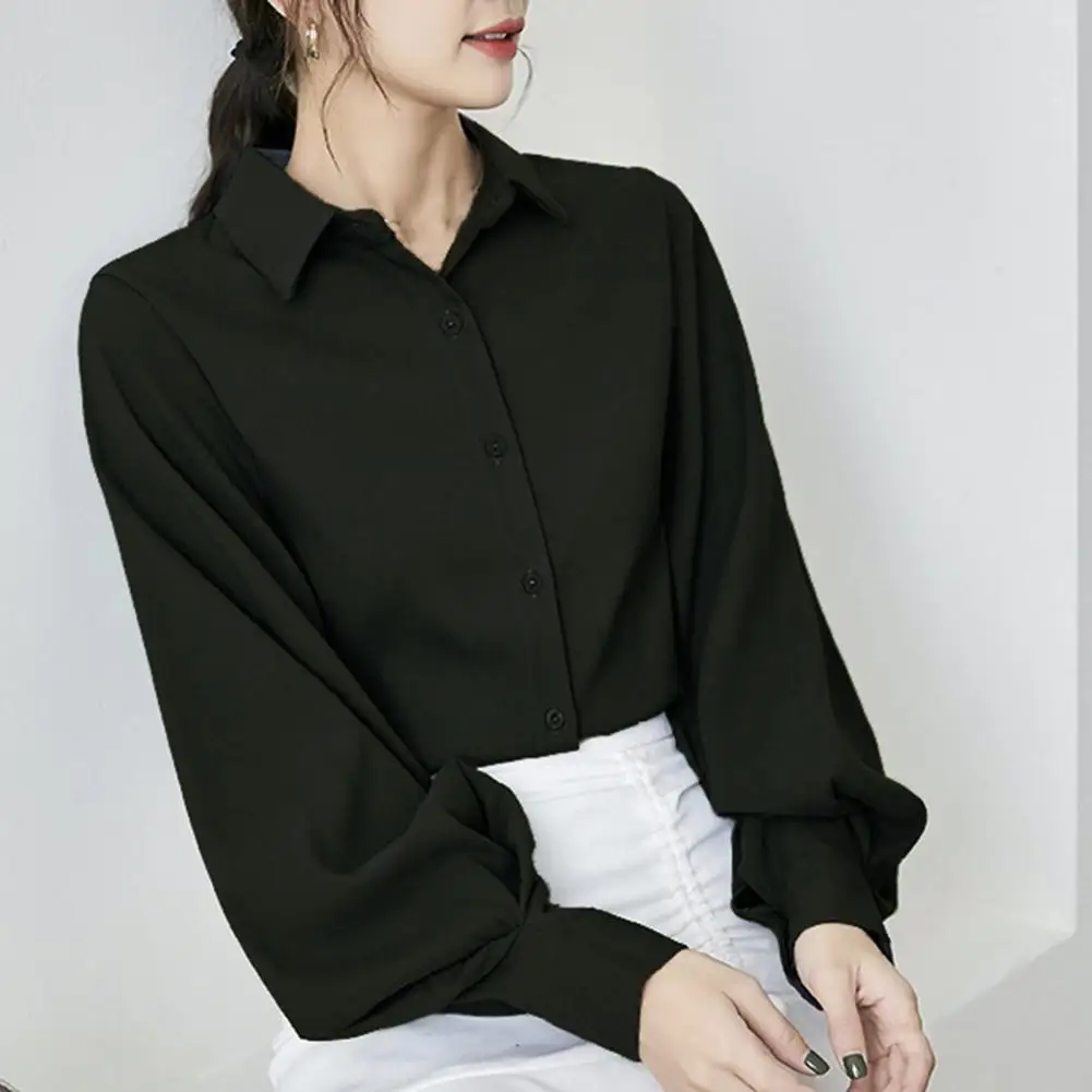 Women Long Sleeve Shirt Lantern Sleeve Lapel Collar Women's Shirt Solid Color Loose Fit Work Casual Top for Daily Wear Lapel