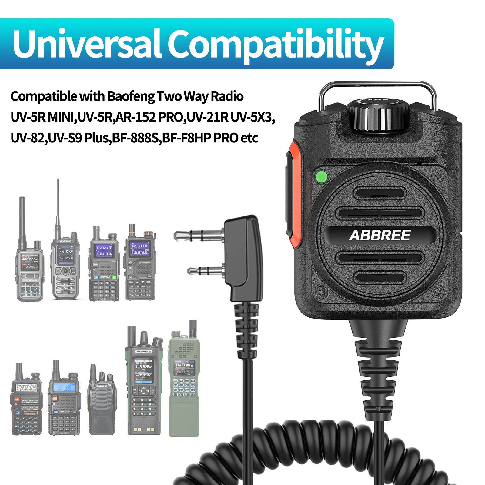 ABBREE AR-158 Rechargeable Walkie Talkie Speaker Mic Long Range Adjust Volume PTT TYPE-C Charger For Baofeng UV-5R Mini UV-32