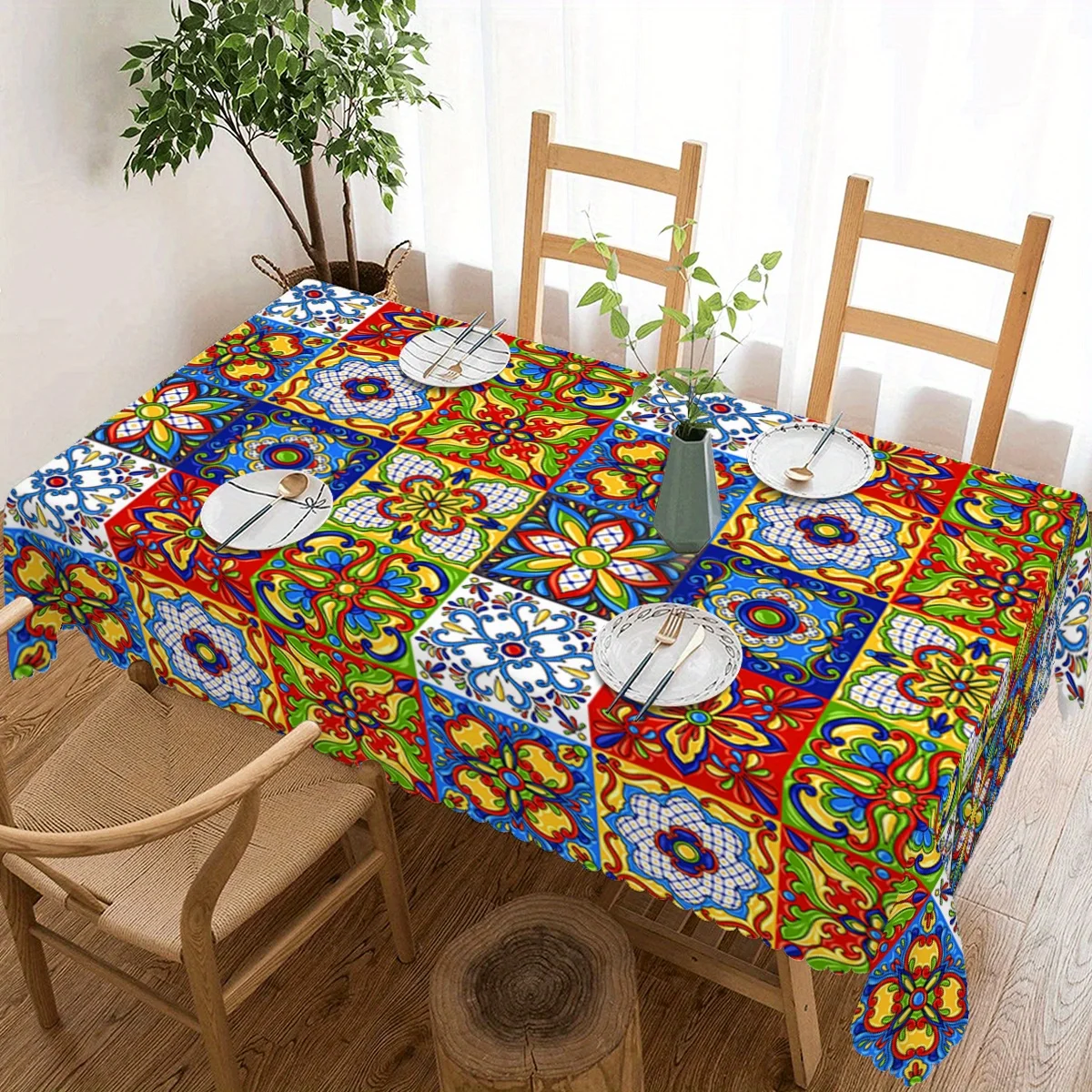 Mexican Talavera Tablecloth, Bright Colorful Tile Floral Print, Washable Table Cover, Mediterranean Dining Room Home Decor