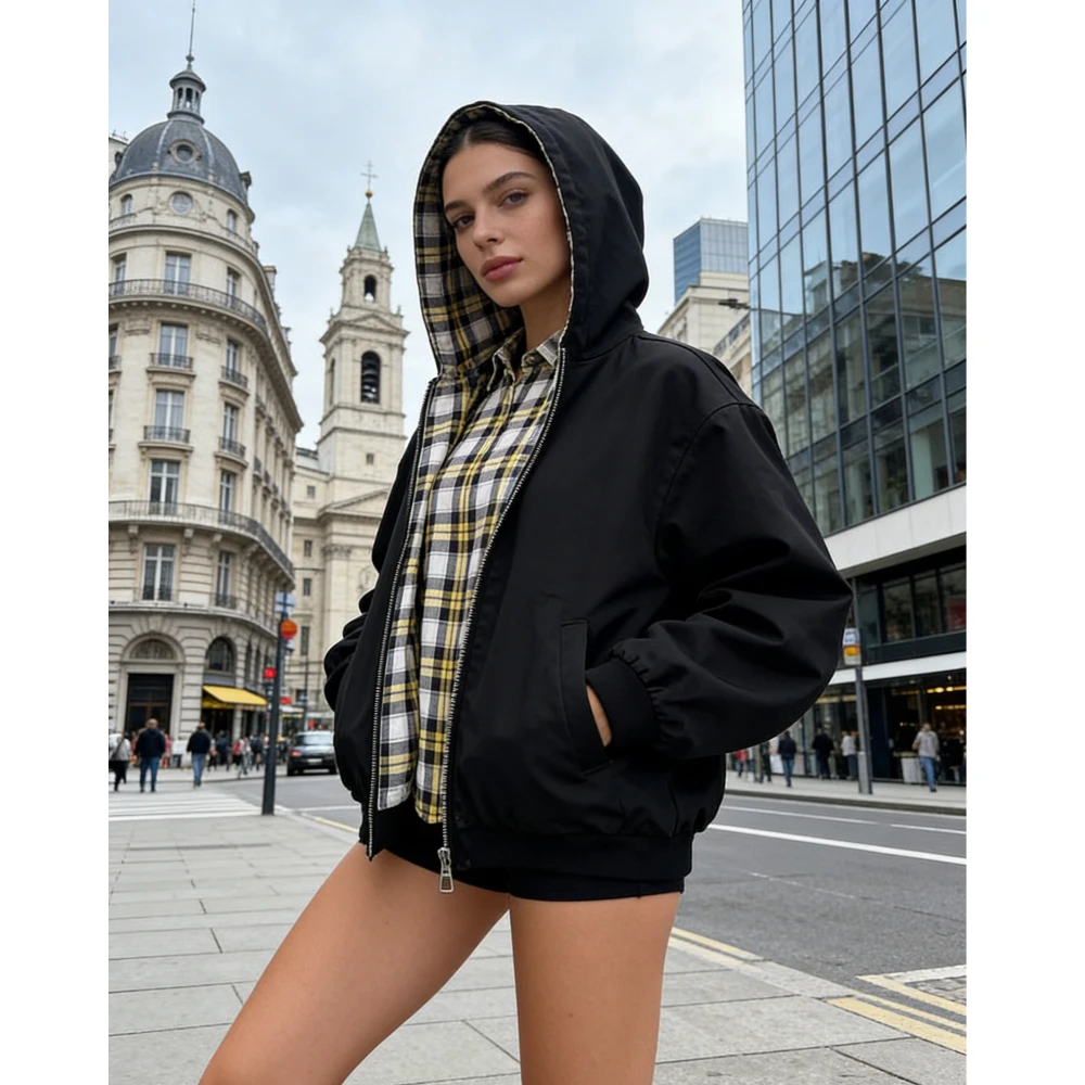 

Splicing double-sided printed cardigan hoodie men's spring autumn trend American retro loose hooded jacket