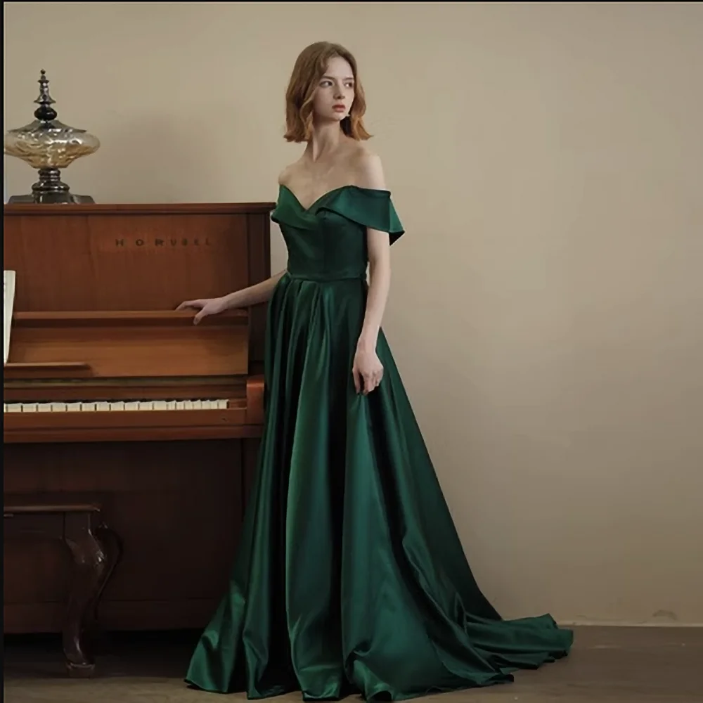 

Women Elegant Evening Dress Green V-Neck Off the Shoulder Backless Right Side Split Empire Satin Custom Party Prom Ball Dress