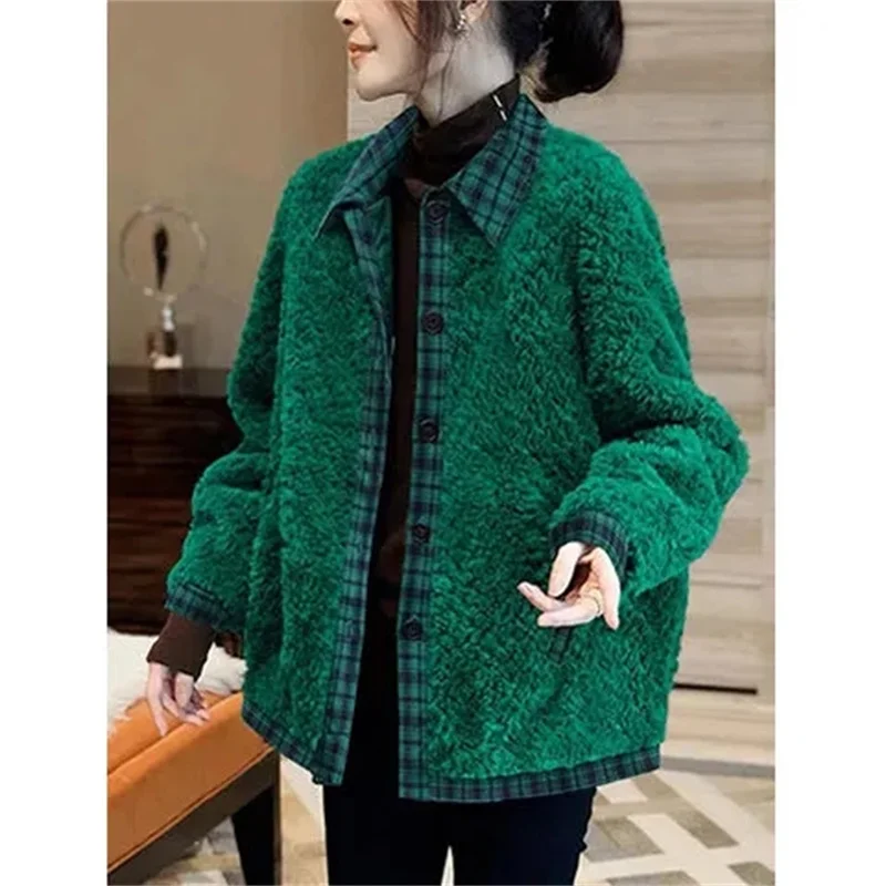 

European Lady Casual Patchwork Loose Coat 2025 Women Lazy Wind Plaid Plush Jacket Autumn Winter Female Fashion Baseball Outwear